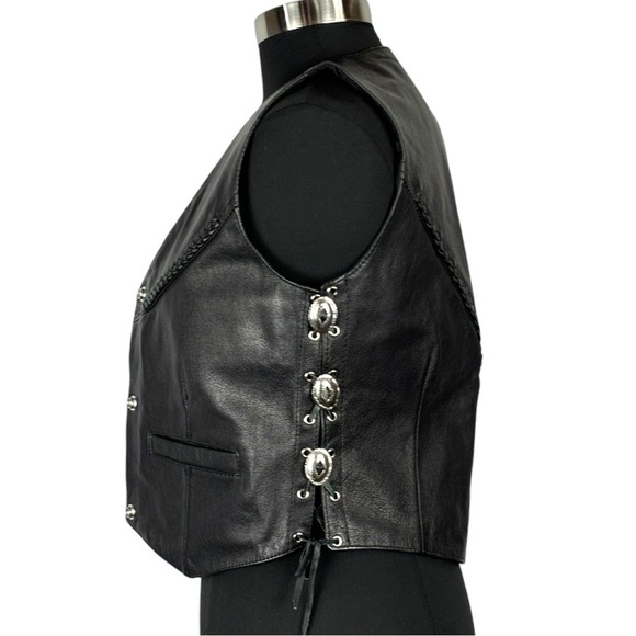 VINTAGE BLACK LEATHER VINTAGE CONCHO LACE UP SIDE BRAID WESTERN SNAP VEST HUDSON - Picture 7 of 14